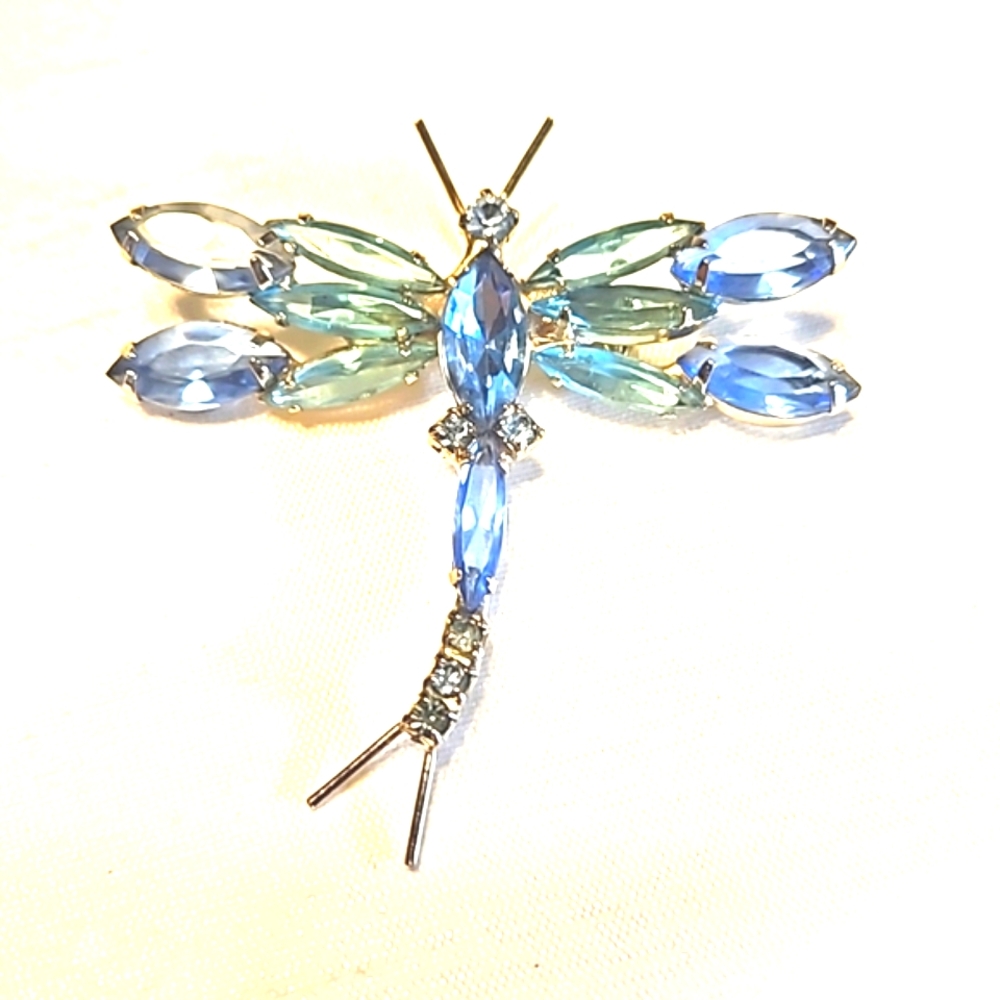Vintage D & E Juliana Blue Rhinestone Navette Dragonfly Brooch